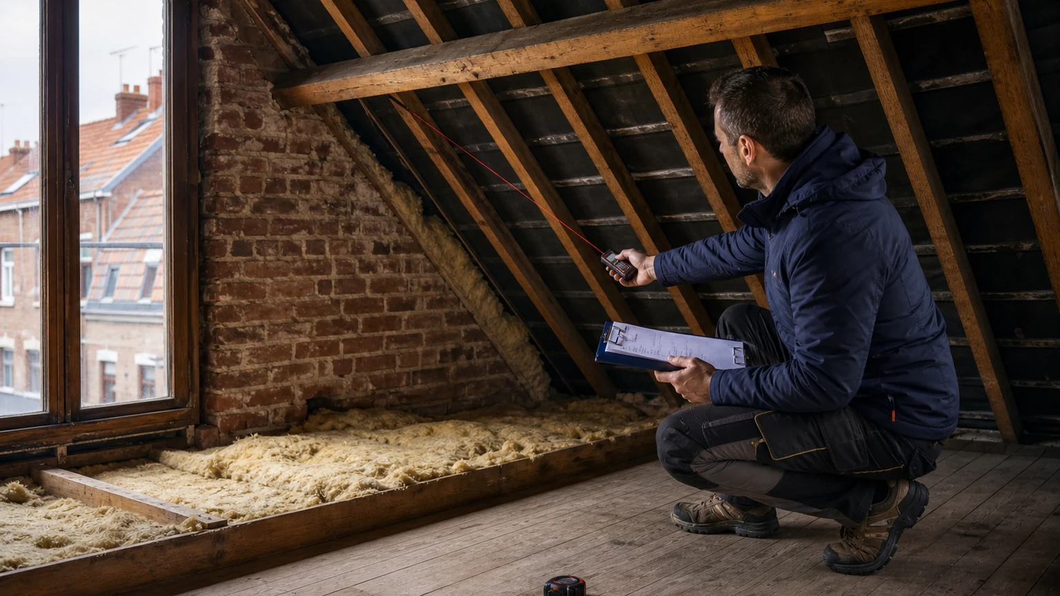Diagnostic des combles à Roubaix Professionnel mesurant des combles anciens dans une maison de Roubaix
