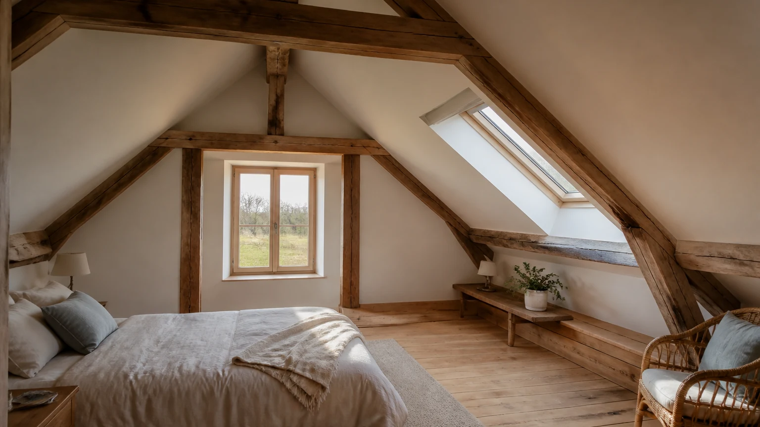 Confort sous rampants dans l’Avesnois Pièce sous combles aménagés dans une ferme rénovée de l’Avesnois