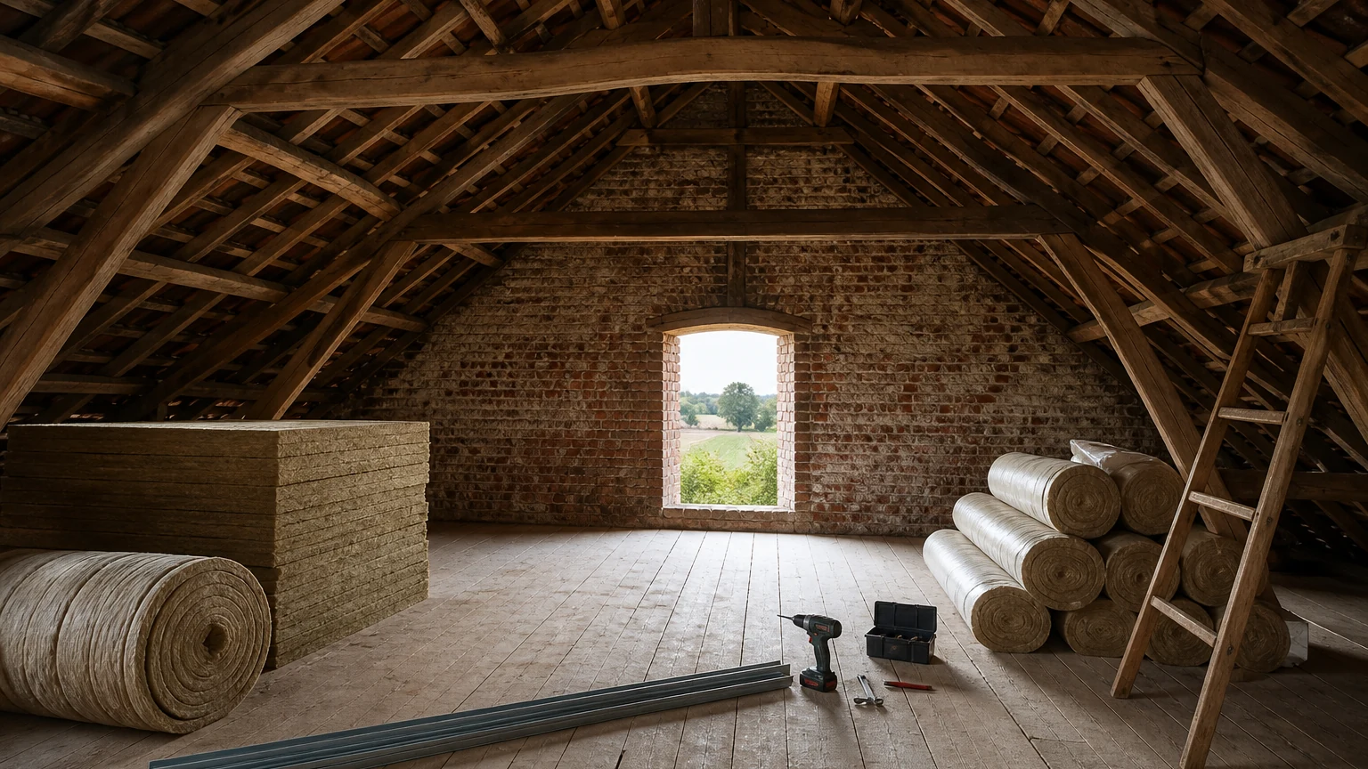 Combles d’une ferme du Cambrésis Charpente traditionnelle du Cambrésis préparée pour recevoir un isolant